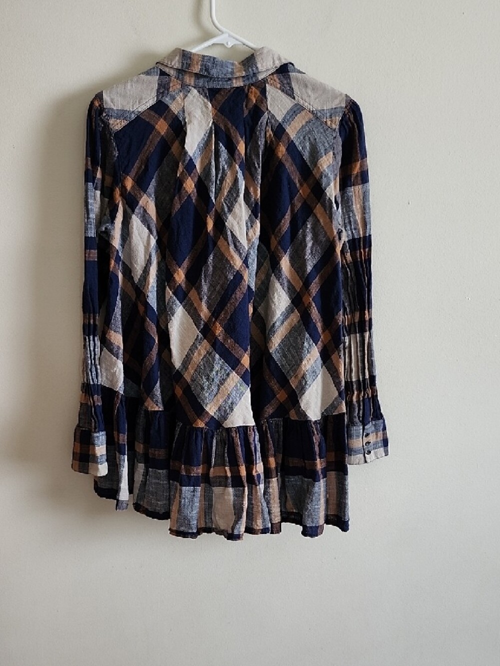 Free People Peplem Plaid Button-Up Tunic Top in Navy, Cream & Brown - Picture 6 of 7